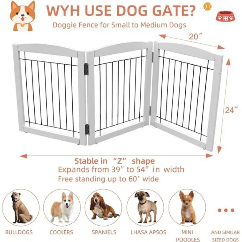 Freestanding Foldable Dog Gate for House ExtraWide Wooden Whiteindoor Puppy Gate